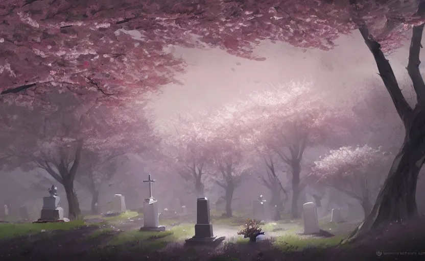 Image similar to A painting of the Grave of cherry blossoms trending on artstation in the style of Greg Rutkowski