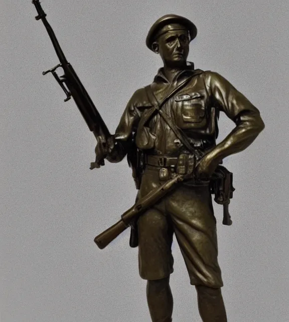 Image similar to a 4 k photorealistic photo medium shot of a bronze statue of an american soldier holding a rifle