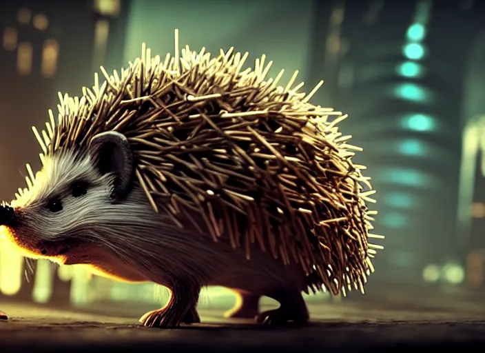 Prompt: intricate hedgehog with nails instead of needles, on the background of a weird magical mechanical forest. Very detailed 8k. Fantasy cyberpunk horror. Sharp. Cinematic post-processing. Unreal engine. Nanite. Ray tracing. Parallax. Tessellation