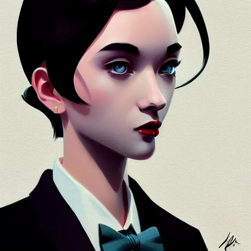 Prompt: young in black tuxedo, scornful, disdainful, muted colors, matte print, pastel colors, 2d, ultra highly detailed, smooth, sharp focus, digital art, digital painting, fan art, elegant, artstation, head is centered, by Ilya Kuvshinov