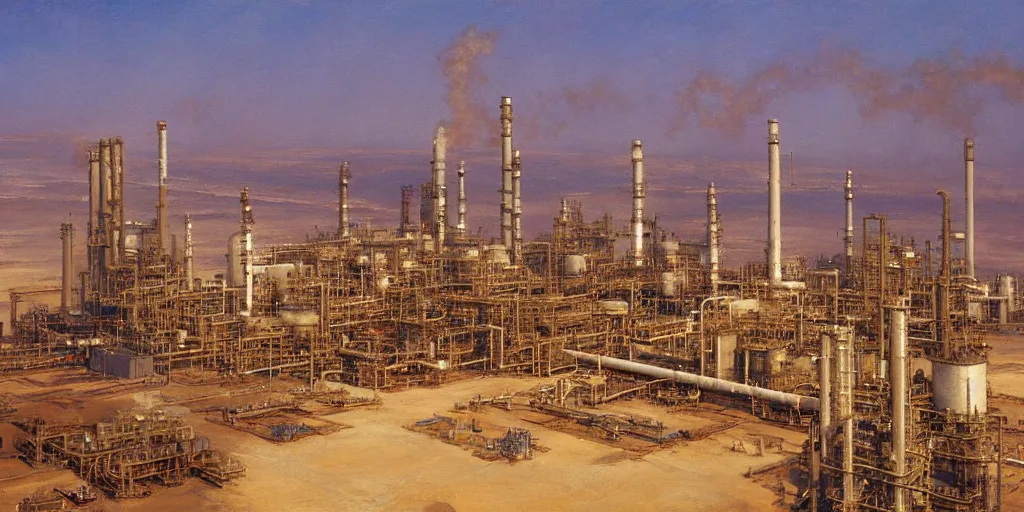 Image similar to detailed cinematic high angle shot of oil refinery power plant in the arabian desert, spring light, painting by gaston bussiere, craig mullins, j. c. leyendecker