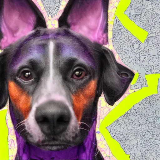 Image similar to an anamorphic of purple dog, in the style of disney, mixed media collage, highly detailed, 8k resolution