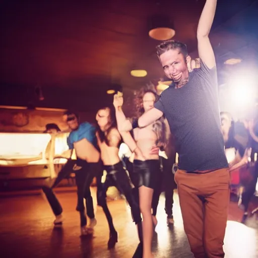 Image similar to photo of a 2 8 year old white man living thinking he's living the best life possible. he looks young for his age. he is at a dance club, it's as if he were in a music video. young woman are flocking to him and can be seen dancing around him in a seductive manner.