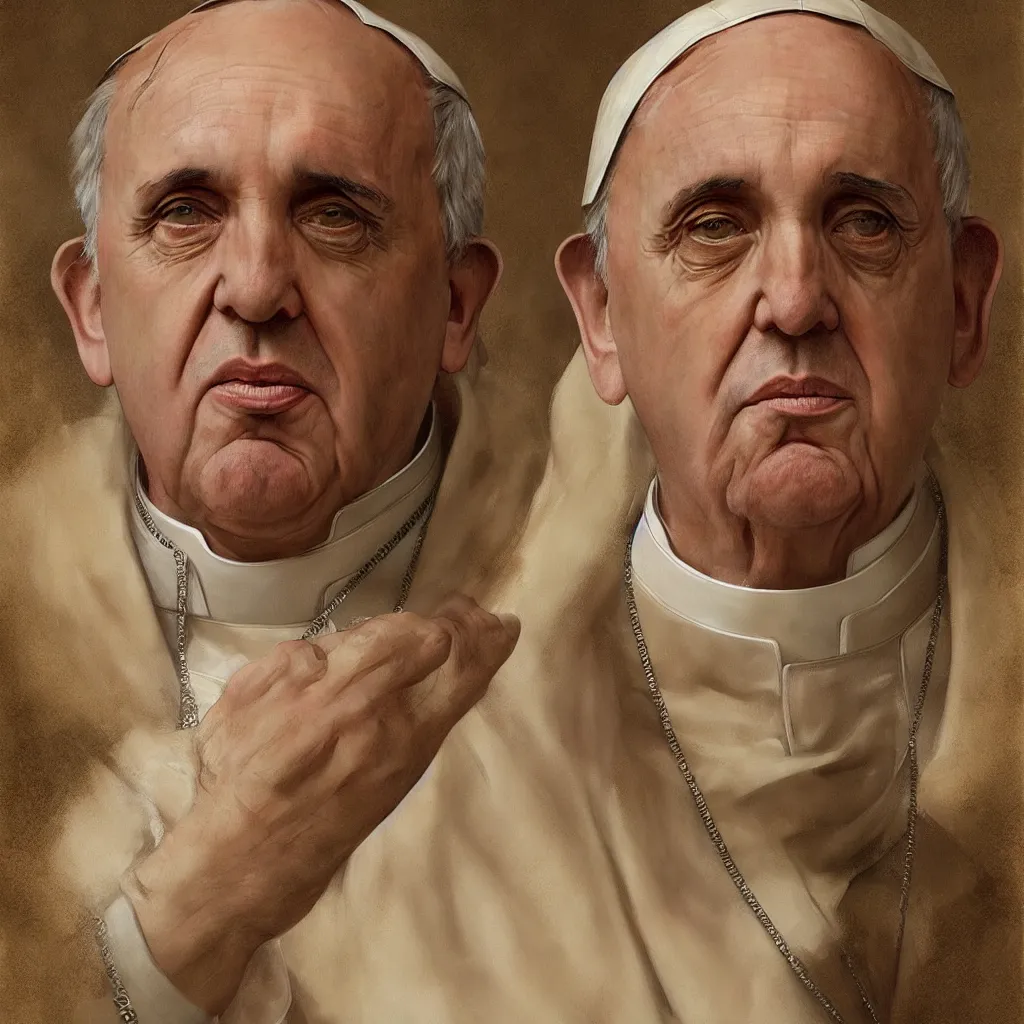 Prompt: pope francis, headshot, painted character portrait, highly detailed, digital painting, artstation, concept art, sharp focus, illustration, art by artgerm and greg rutkowski and alphonse mucha