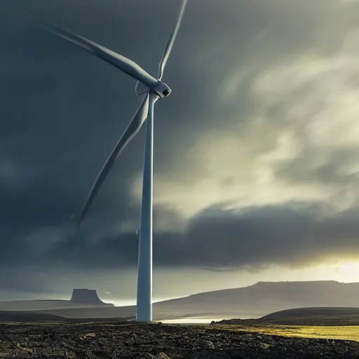 Prompt: painting of a humongous wind-turbine in the distance, by Greg Rutkowski, iceland landscape, golden hour, dramatic lighting, epic, gargantuan, intricate detail, 4k, 8k
