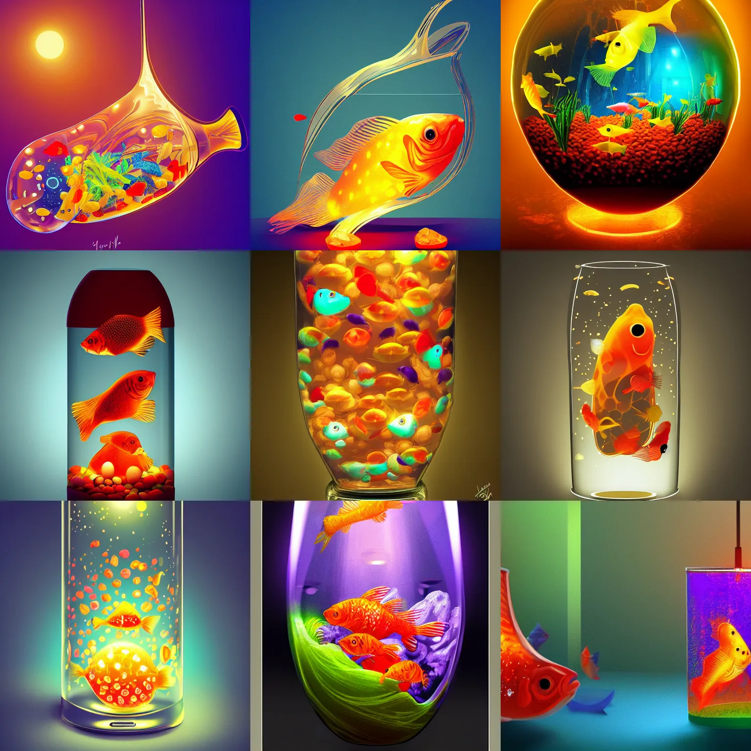 Prompt: a lavalamp with goldfishes inside of it, digital art, detailed, artstation, colorful,