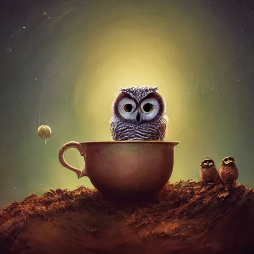 Image similar to long shot of a very cute owl chick nesting in a very futuristic cup, esao andrews, humorous illustration, hyperrealistic, big depth of field, warm colors, night scenery, low light, 3 d octane render, 4 k, conceptart, hyperdetailed, hyperrealistic, trending on artstation