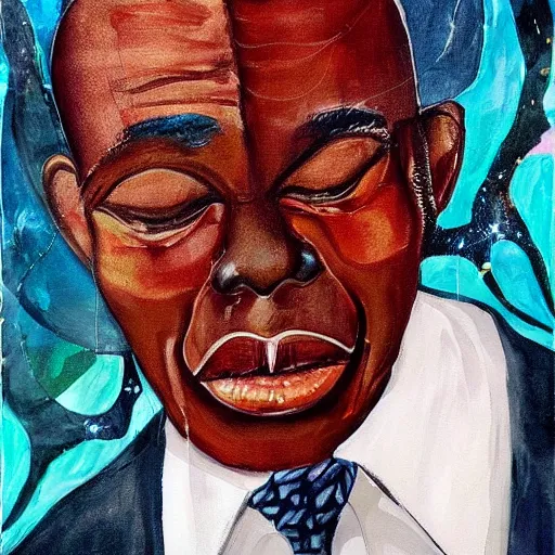 Image similar to a painting of a fatherly wide forehead, long nose, round face, XXL , loving, caring, generous, ever-present, humble, wise elder from Kenya in a suit by Wangechi Mutu . Fatherly/daddy, focused, loving, leader, relaxed,. ethereal lights, details, smooth, sharp focus, illustration, realistic, cinematic, artstation, award winning, rgb , unreal engine, octane render, cinematic light, macro, depth of field, blur, red light and clouds from the back, highly detailed epic cinematic concept art CG render made in Maya, Blender and Photoshop, octane render, excellent composition, dynamic dramatic cinematic lighting, aesthetic, very inspirational, arthouse.