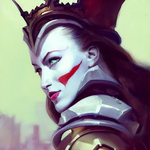 Image similar to greg manchess portrait painting of partially armored white queen from alice in wonderland as overwatch character, medium shot, asymmetrical, profile picture, organic painting, sunny day, matte painting, bold shapes, hard edges, street art, trending on artstation, by huang guangjian, gil elvgren, ruan jia, randy vargas, greg rutkowski