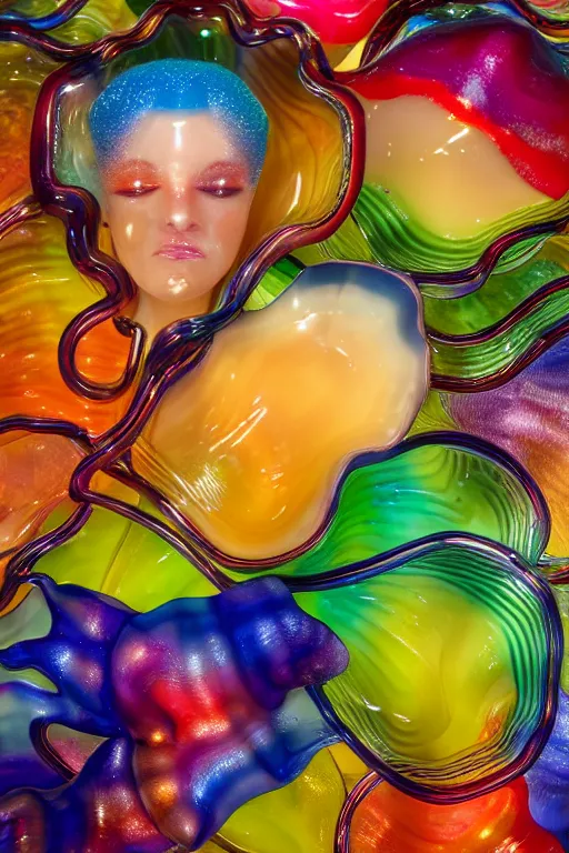 Prompt: beautiful colorful female glass sculpture, smooth, delicate facial features, beautiful glass work, bright internal glow, by dale chihuly, hdri, studio lighting