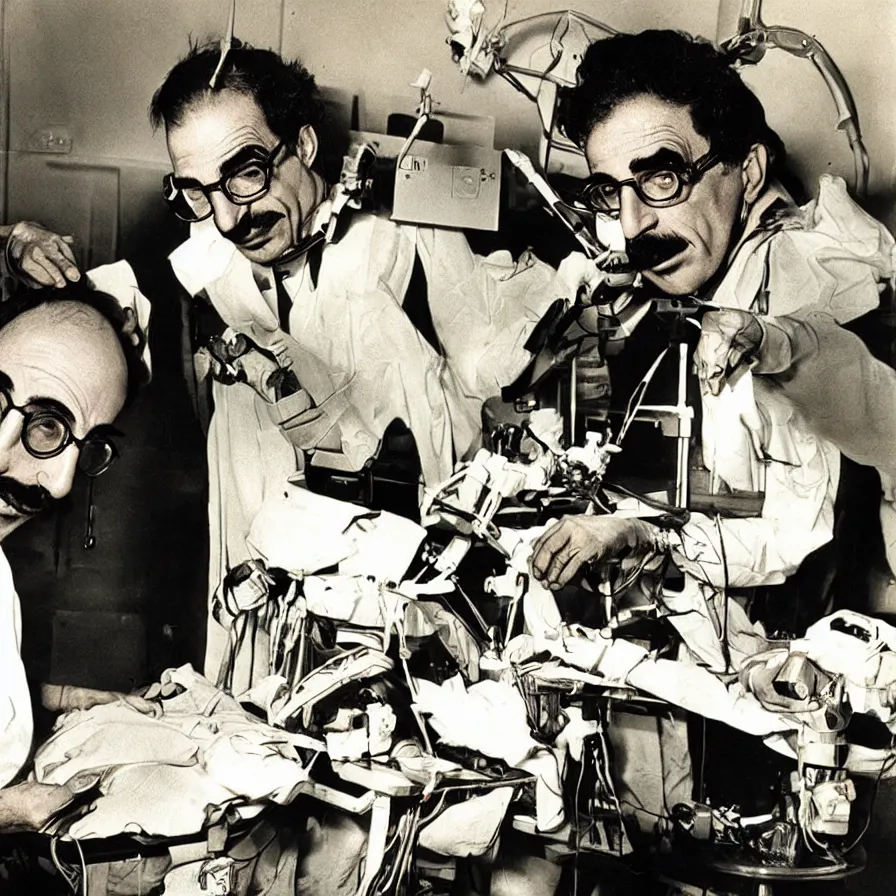 Prompt: groucho marx performing brain surgery, lightly texural, saturated color scheme