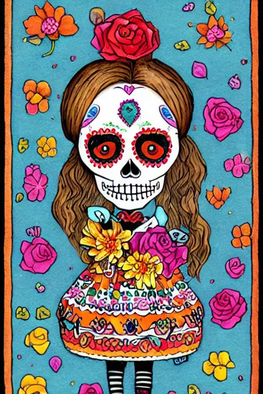 Prompt: illustration of a sugar skull day of the dead girl, art by richard scarry