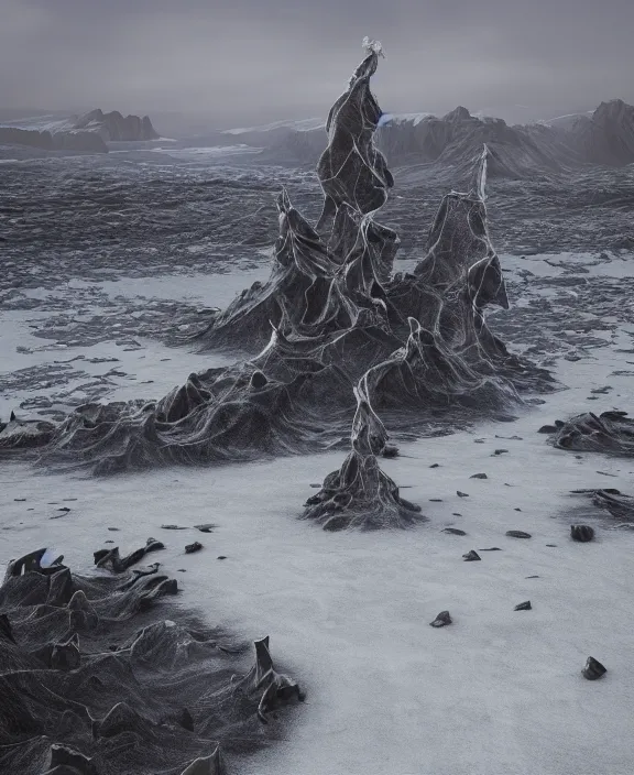 Image similar to surreal covenant deformation tower, futuristic berserk white architecture in the beach in iceland, foggy, highly detailed, digital painting, arstation, concept art, hyperealistic octane render, unreal engine,