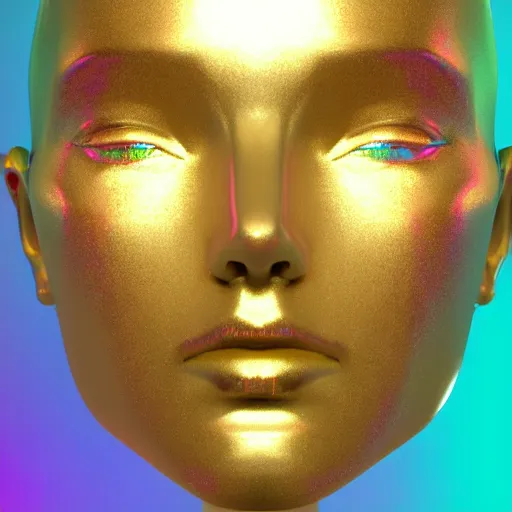 Image similar to 3d render of holographic human robotic head made of glossy iridescent, surrealistic 3d illustration of a human face non-binary, non binary model, 3d model human, cryengine, made of holographic texture, holographic material, holographic rainbow, concept of cyborg and artificial intelligence