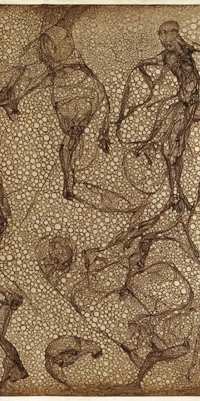 Prompt: an open page of the voronoi manuscript, depicting a digital painting of human anatomy by da vinci, extremely detailed, professional, epic highlights, full colors