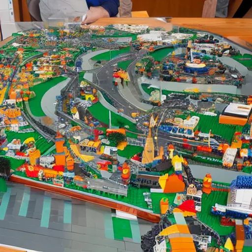 Prompt: large lego city built on a large table, viewed from several metres away