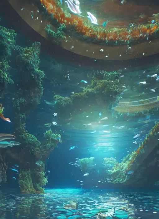 Image similar to fantastic space. aquarium underwater corridor. people observing lots of clear fish. water droplets, highly detailed, artstation trend, highly detailed and intricate, studio ghibli, makoto shinkai, no blur, photography, unreal engine 5