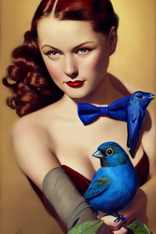 Image similar to hyper realistic painting, tasteful pinup girl holding an indigo bunting, bird, the bird is wearing a bowtie, by greg rutkowski, rossdraws, gil elvgren, enoch bolles, anime, porcelain skin, glistening, very coherent,