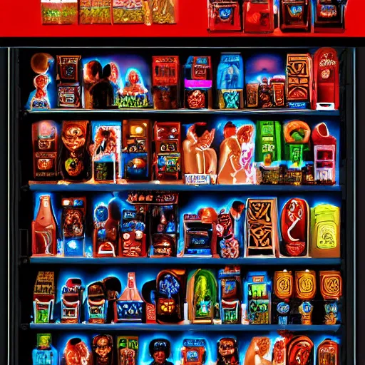 Image similar to a necromantic and depressed mayan vending machine drawn by Sam Youn artstation and Aka Akiman, cinematic lighting, amazing award winning perfect capture, detailed