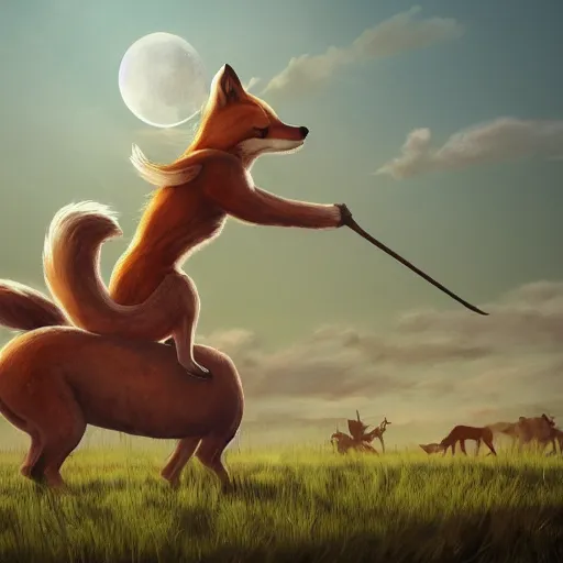 Image similar to girl riding a giant fox in a field, trending on artstation