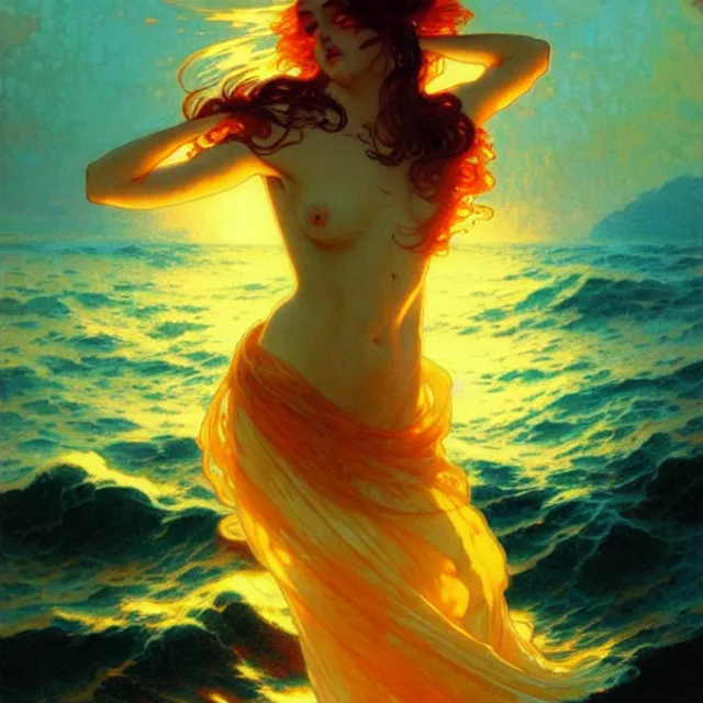 Image similar to ocean waves of glossy liquid honey drops flowing like translucent amber, lsd waves, lsd ripples, backlit, sunset, refracted lighting, art by collier, albert aublet, krenz cushart, artem demura, alphonse mucha