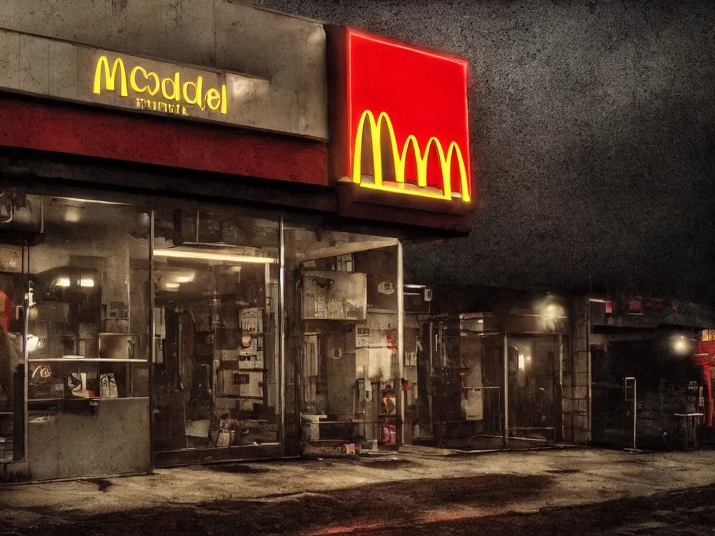 Image similar to the outside of a mcdonald's in the upside down from stranger things, ominous, dark, gloomy, hdr, moody lighting, horror