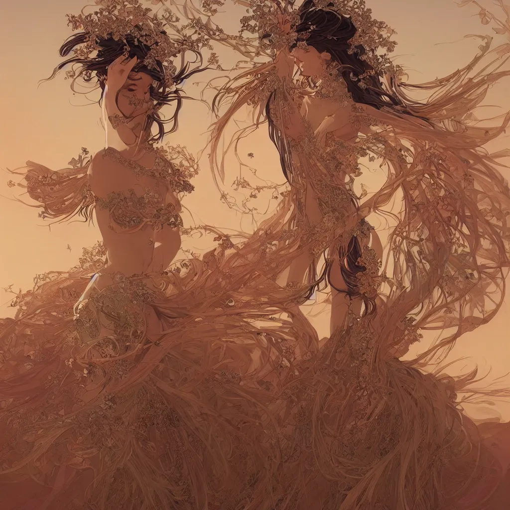 Image similar to seductive goddess dancing in the desert, symmetrical face, fantasy, surreal, intricate and very beautiful and elegant, highly detailed, digital painting, trending on artstation, concept art, smooth and sharp focus, illustration, art by tan zi and ayanamikodon and alphonse mucha and wlop