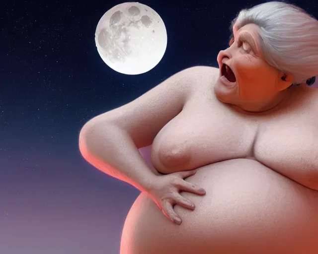 Image similar to of a very beautiful scene. ambient occlusion render. a sweet fat old woman is giving birth to the moon. hyper realistic. 4 k. wide angle. wild. symmetrical face, red mouth, blue eyes. deep focus, lovely scene. ambient occlusion render. concept art. unreal engine.