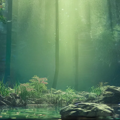 Image similar to supernatural magic occult mystical mystic paranormal preternatural otherworldly cryptic uncanny lush forest. water. lake. ocean. dome. crystals. uhd. 8 k. unreal and octane and unity and blender and cinema 4 d render. post processed color correction harmonic.