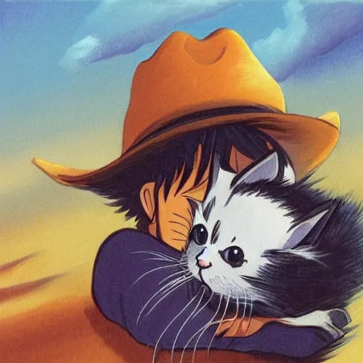 Prompt: art by studio ghibli of a baby kitten wearing a cowboyhat hugging a cat