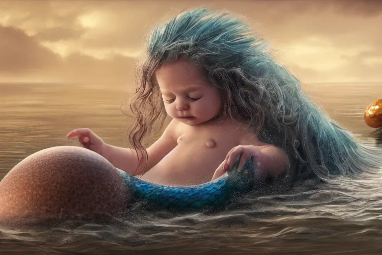 Image similar to a baby mermaid hatching out of a egg, matte painting, concept art, digital art, trending on artstation, 4 k, extremely detailed, realistic, fantasy art,