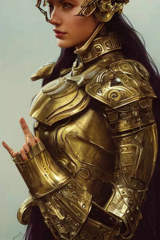 Image similar to a portrait of an attractive young female, ornate metallic helmet, clothed in battle armor, olive skin, long dark hair, beautiful bone structure, symmetrical facial features, intricate, elegant, highly detailed, digital painting, trending on Artstation, concept art, smooth, sharp focus, illustration, art by artgerm and greg rutkowski and alphonse mucha