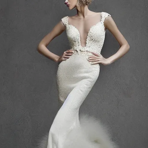 Image similar to fancy delicate knitted wedding dress in light color with fantastically beautiful openwork and pearls, fluffy in places, with an open back. hyper - realistic photo. beautiful. slim. with a beautiful full - length model face. very clear details. background for the style of the dress. luxury is a masterpiece.