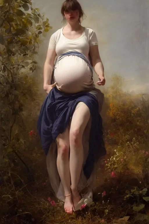 Image similar to pregnant woman in t-shirt by Alyssa Monks, Franz Xaver Winterhalter. full-shot, urban dystopia, hyper realism, realistic proportions, dramatic lighting, high detail 4k