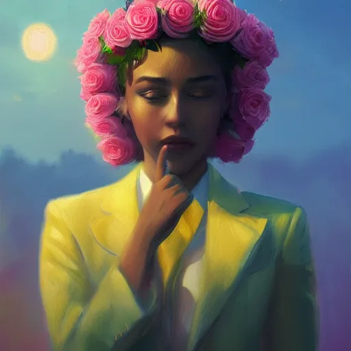 Prompt: closeup, large rose flower head, frontal, a girl in a suit, surreal photography, sunrise, dramatic light, impressionist painting, digital painting, artstation, simon stalenhag