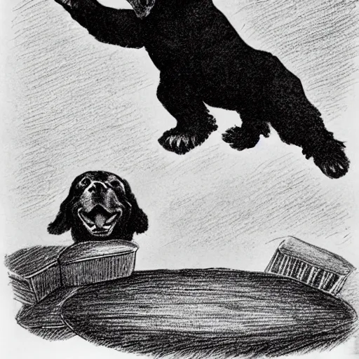 Prompt: a black cocker spaniel jumping, children's illustration