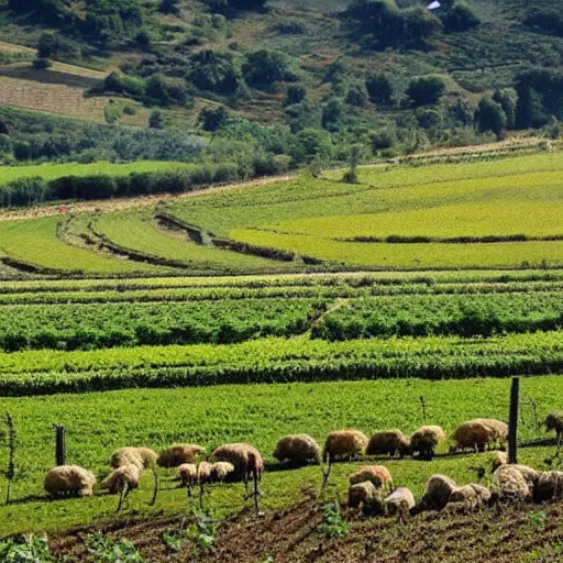 Image similar to biodynamic farm, beautiful, astrological features in the sky, vivid color schemes, rows of vegetable crops, grazing sheep, fruit trees