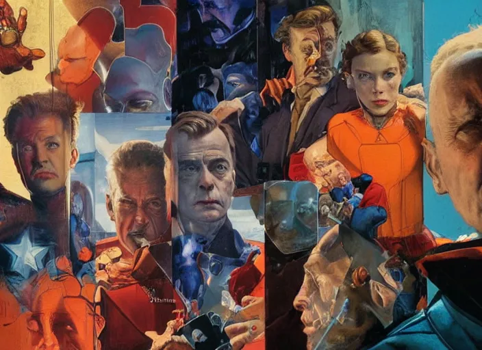 Image similar to a still from the movie avengers : endgame by of francis bacon and norman rockwell and james jean, a still from the movie godfather, and mark brooks, triadic color scheme, by greg rutkowski, syd mead and edward hopper and norman rockwell and beksinski, dark surrealism, orange and turquoise