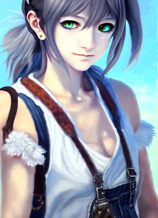 Image similar to a portrait of catgirl wearing white vest, and denim shorts an ultrafine detailed painting, detailed painting, detailed eyes!!, final fantasy, octopath traveler