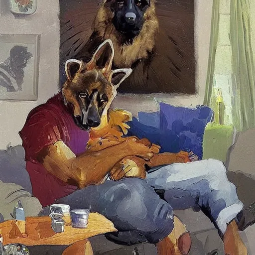 Image similar to a humanoid german shepherd beast - man, sitting and watching a soccer match in his house on television, he has hurt his knee and is a dad, by erin hanson, alexi zaitsev, karl spitzweg, award winning, tv set