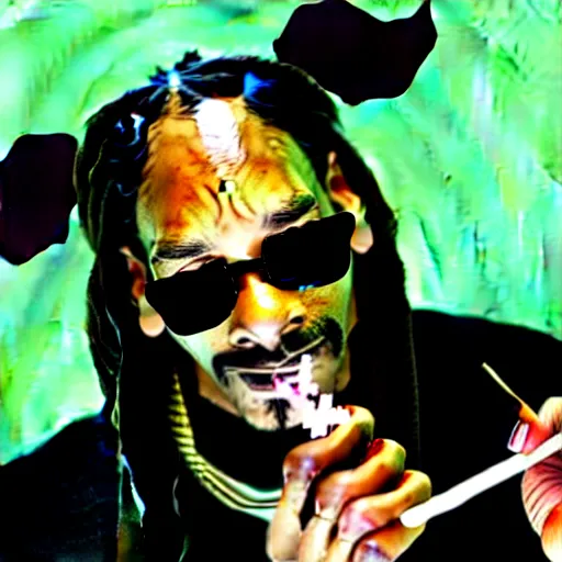 Image similar to Snoop Dog with big eyes eye color red , smiling and holding a joint in his hand