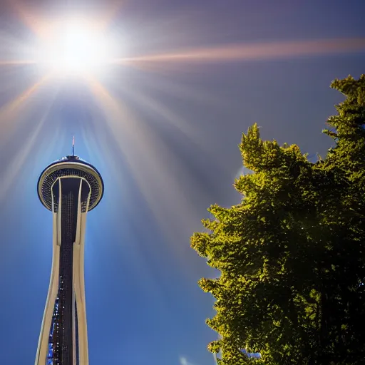 Image similar to Toronto space needle tourist guide with planet mars as a head, dramatic cinematic lighting