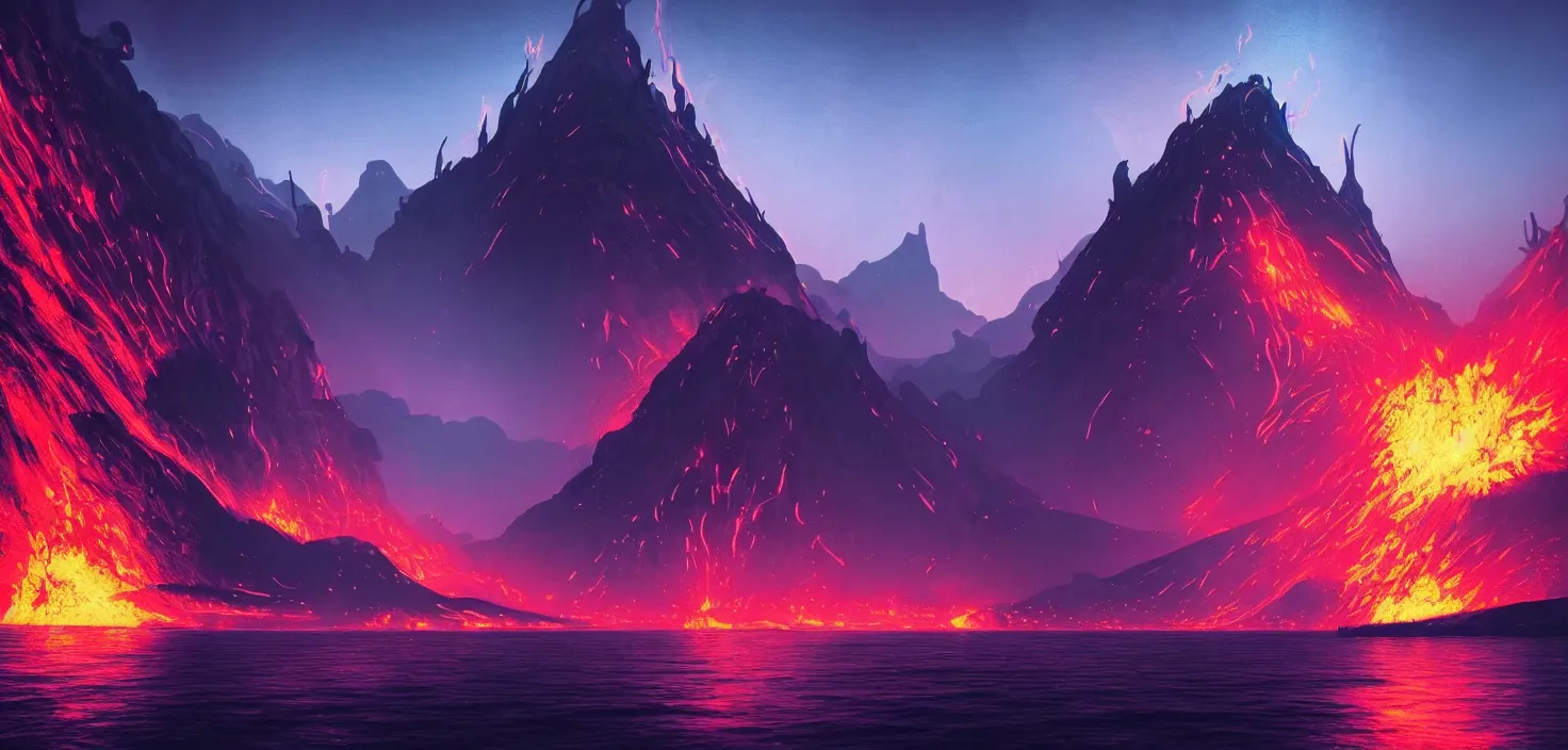 Image similar to night fantasy landscape with abstract mountains and island on the water, explosive volcano with burning lava, neon light. dark futuristic natural scene with reflection of light in the water, cinematic view, detailed, high detail, warm lighting, volumetric, godrays, vivid, beautiful, trending on artstation, by jordan grimmer, huge scene, art greg rutkowski