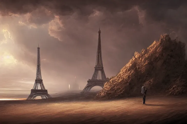 Image similar to a tall skinny man in the desert looking at the summit of the Eiffel Tower partly emerging from the sand by Jonas De Ro, digital painting, cinematic lights, atmospheric, sand, stormy horizon