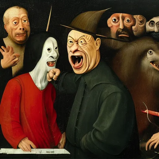 Prompt: red faced nigel farage angry screaming, by hieronymus bosch