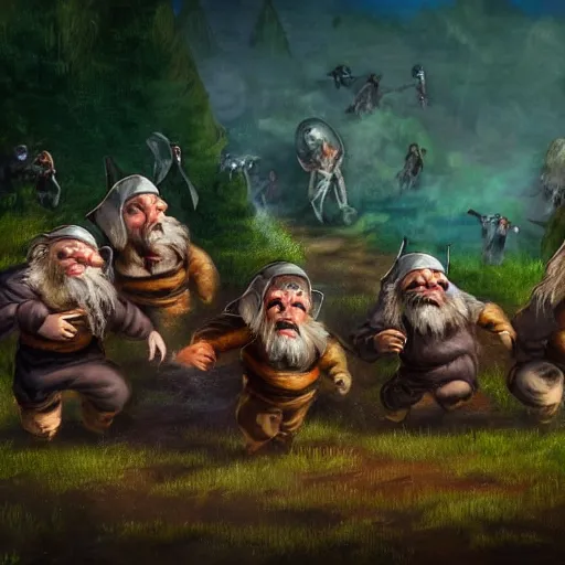 Image similar to a group of dwarves chase rats through an ancient field laughing