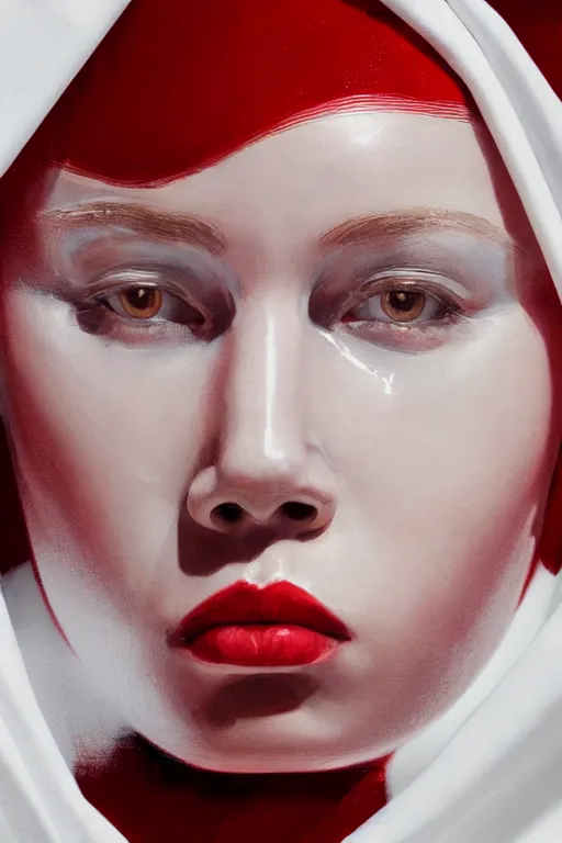 Prompt: hyperrealism, close-up portrait of woman cyborg in red paint in white sheets, soft light, in style of classicism