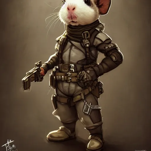 Image similar to cute little anthropomorphic Guinea Pig wearing Metal Gear outfit, ultra wide lens shot , tiny, small, short, cute and adorable, pretty, beautiful, DnD character art portrait, matte fantasy painting, DeviantArt Artstation, by Jason Felix by Steve Argyle by Tyler Jacobson by Peter Mohrbacher, cinematic lighting