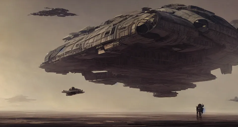 Image similar to a highly detailed epic cinematic concept art CG render digital painting artwork: very simple symmetrical Soviet dieselpunk Millenium Falcon in empty darkness of space. By Greg Rutkowski, Ilya Kuvshinov, WLOP, Stanley Artgerm Lau, Ruan Jia and Fenghua Zhong, trending on ArtStation, subtle muted cinematic colors, made in Maya, Blender and Photoshop, octane render, excellent composition, cinematic atmosphere, dynamic dramatic cinematic lighting, precise correct anatomy, aesthetic, very inspirational, arthouse