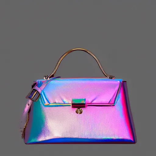 Prompt: a cool designer bag, iridescent color, fashion shooting, photorealistic symmetrical, studio photo